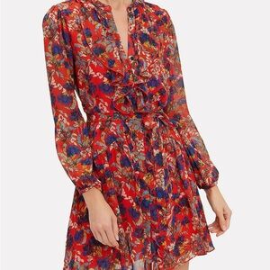 SALONI Red Floral Long-Sleeve Ruffle Silk Dress